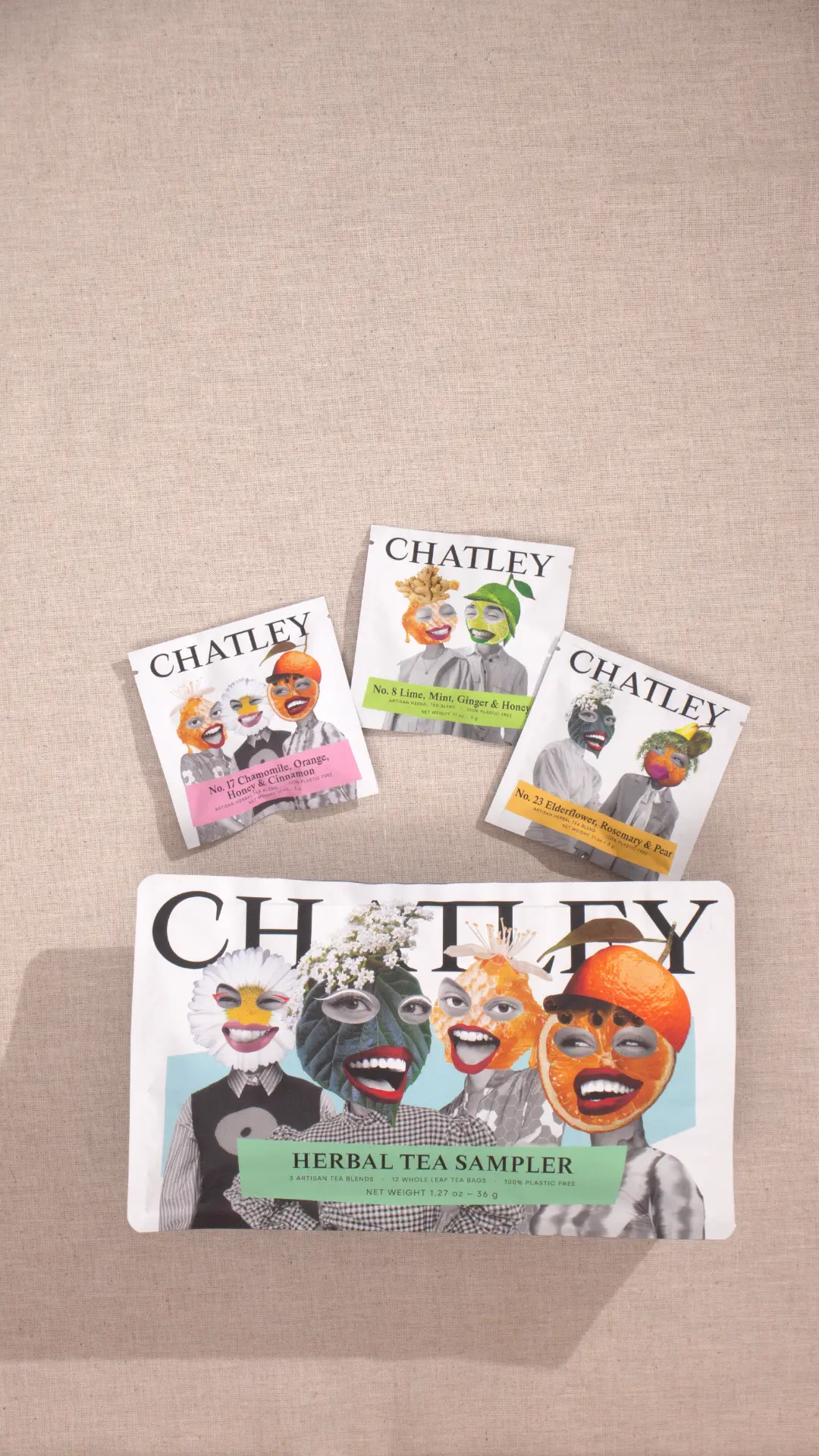 Chatley Herbal Tea Sampler pouch with the No. 17, No. 8, and No. 23 sachets laid flat on linen