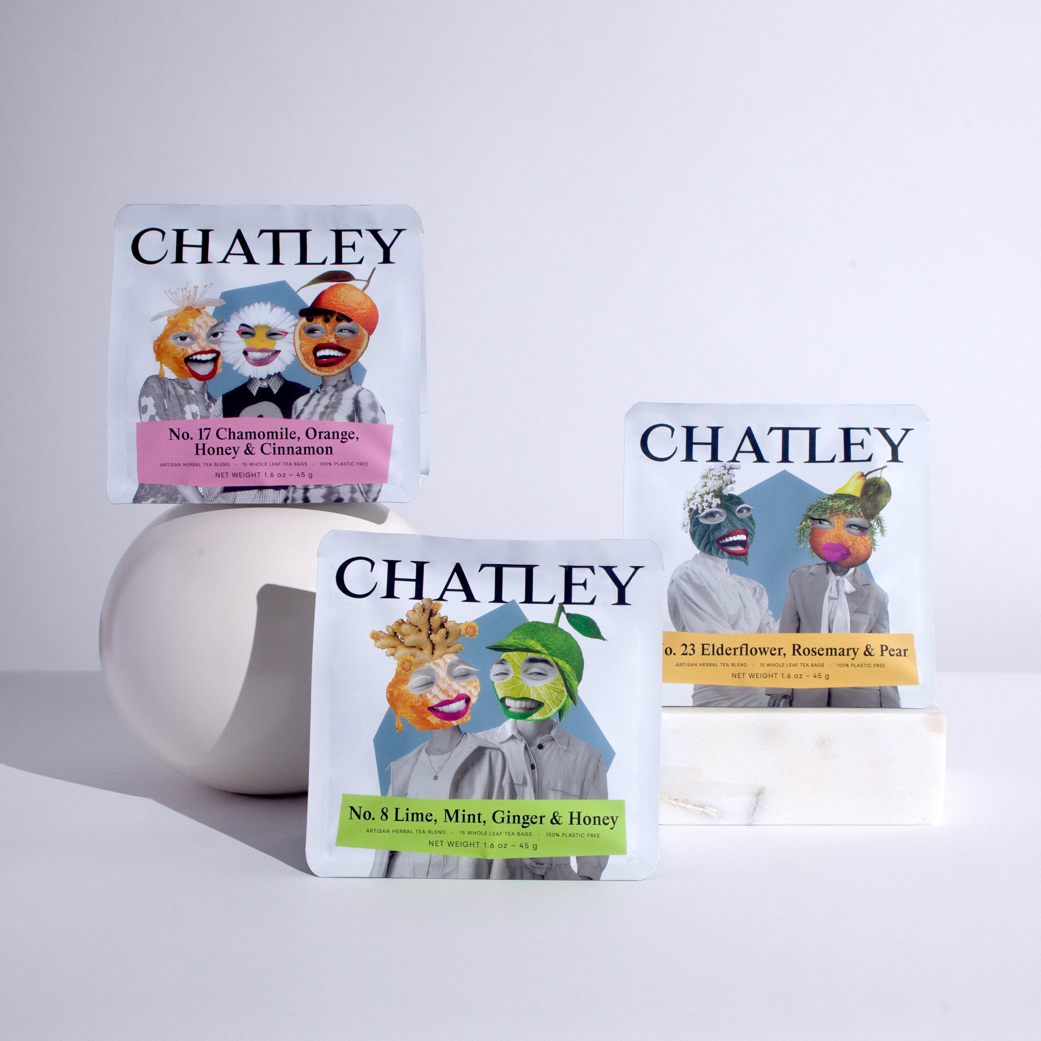 Chatley Herbal Collection: No. 17, No. 8, and No. 23 in their original colorful packaging